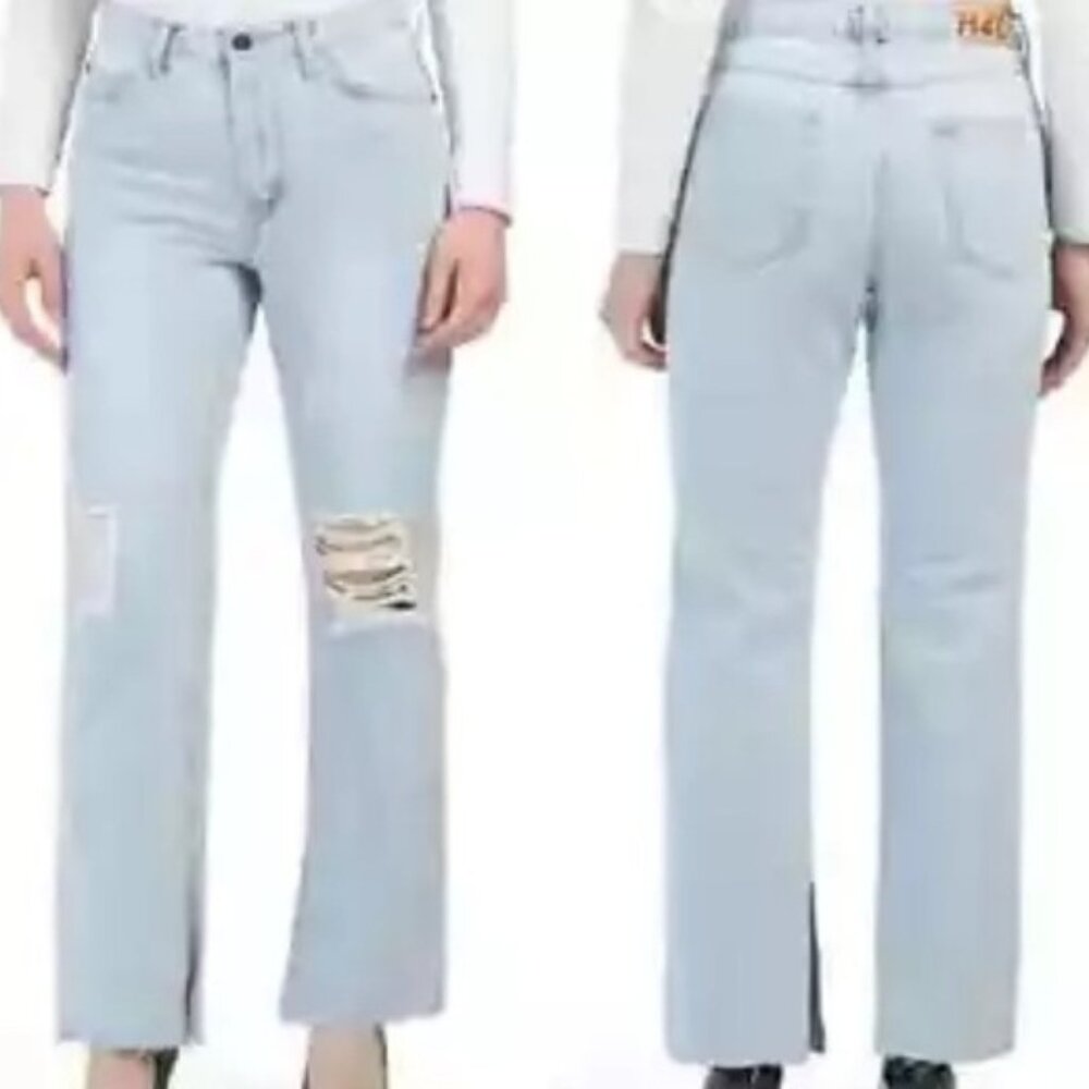 Avec Les Filles Slit Hem Straight Leg Distressed High Rise Jeans Sz 27 - Picture 2 of 8